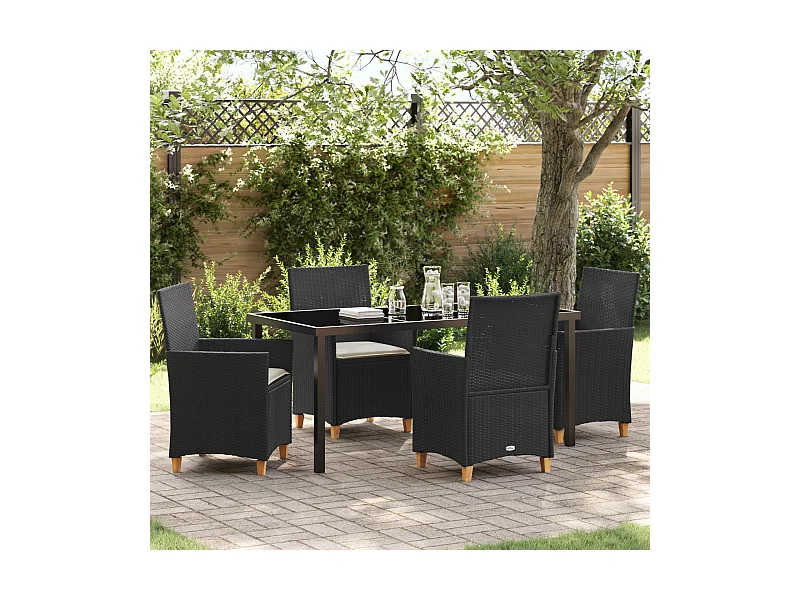 Set da pranzo da giardino 5 pezzi con cuscini in polyrattan nero