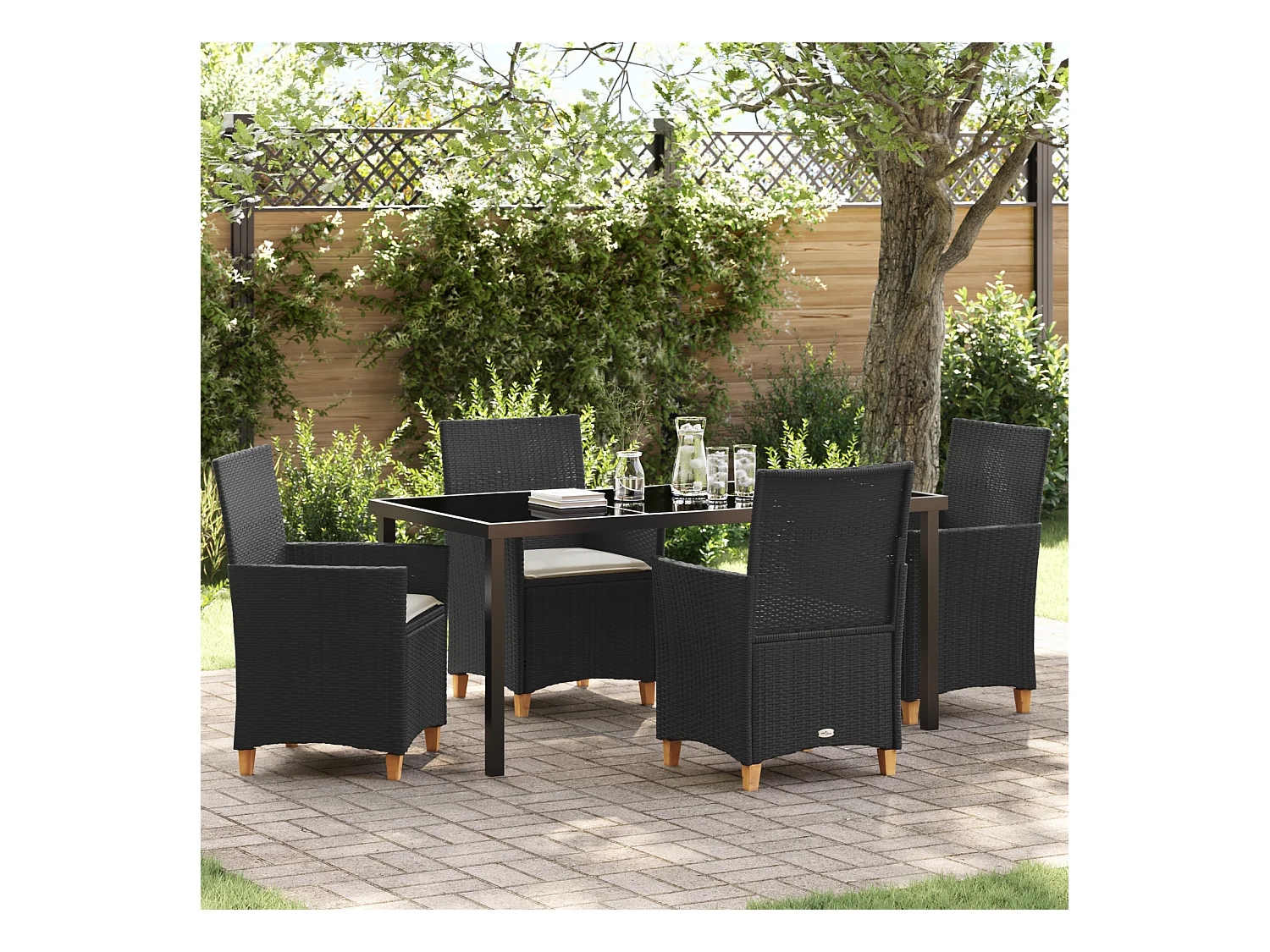 Set da pranzo da giardino 5 pezzi con cuscini in polyrattan nero