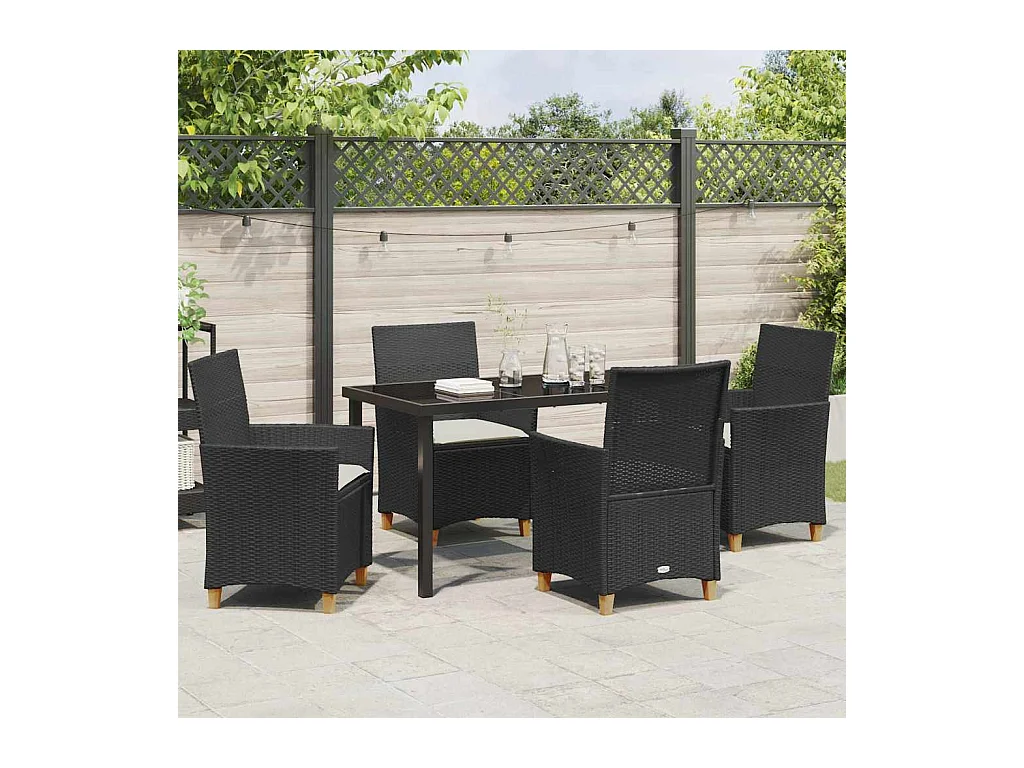 Set da pranzo da giardino 5 pezzi con cuscini in polyrattan nero