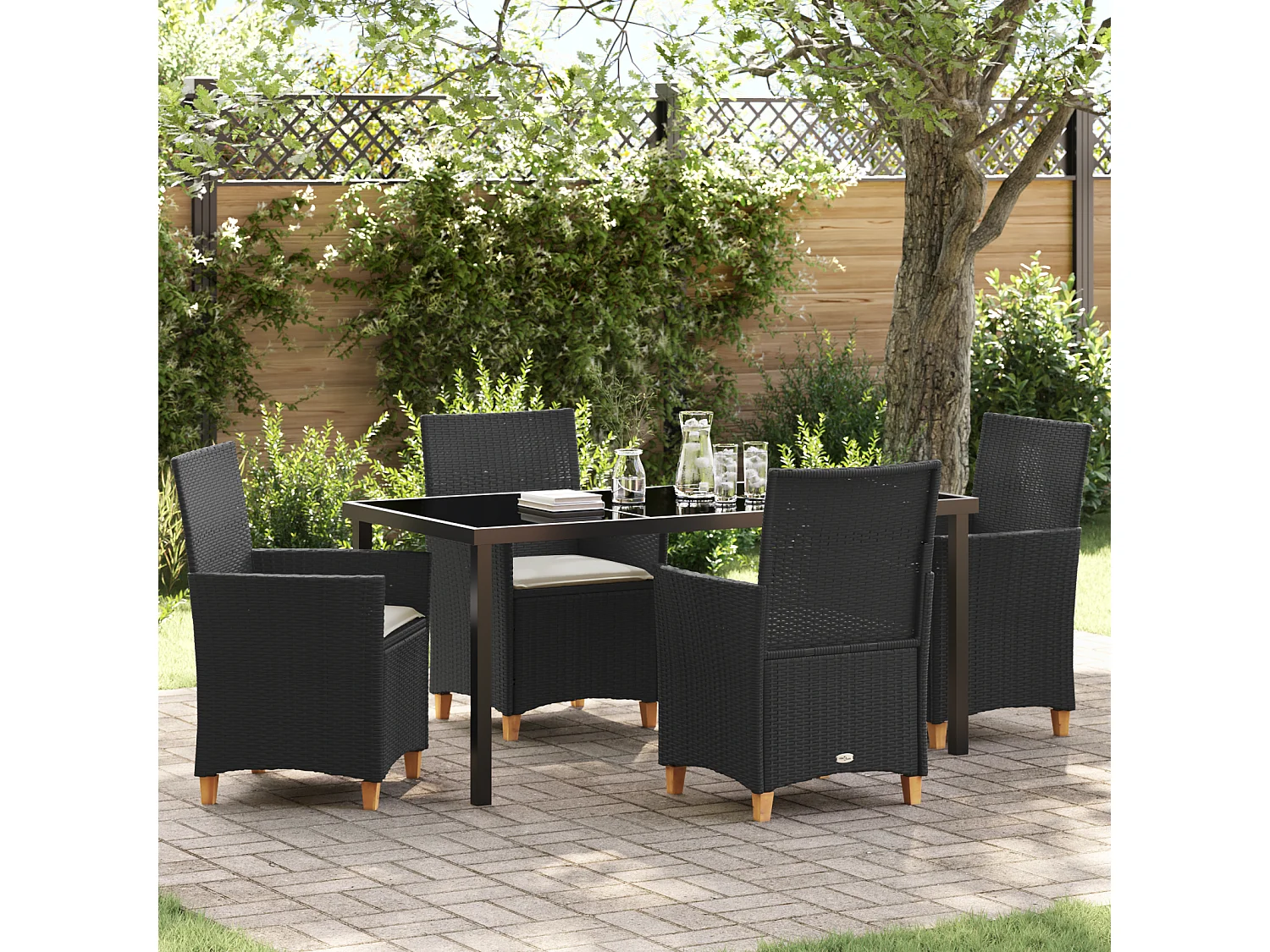 Set de salle à manger de jardin 5 pièces avec coussins Noir Rotin Poly