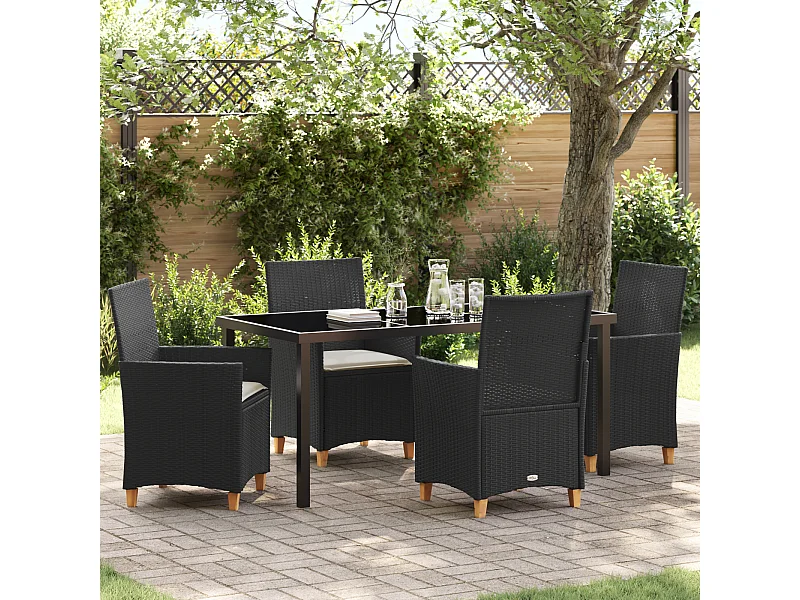 Set de salle à manger de jardin 5 pièces avec coussins Noir Rotin Poly