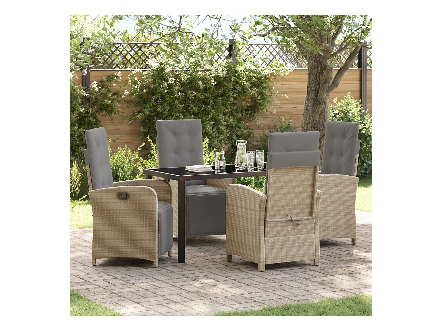 Set da pranzo da giardino da 5 pezzi con cuscini in polyrattan beige