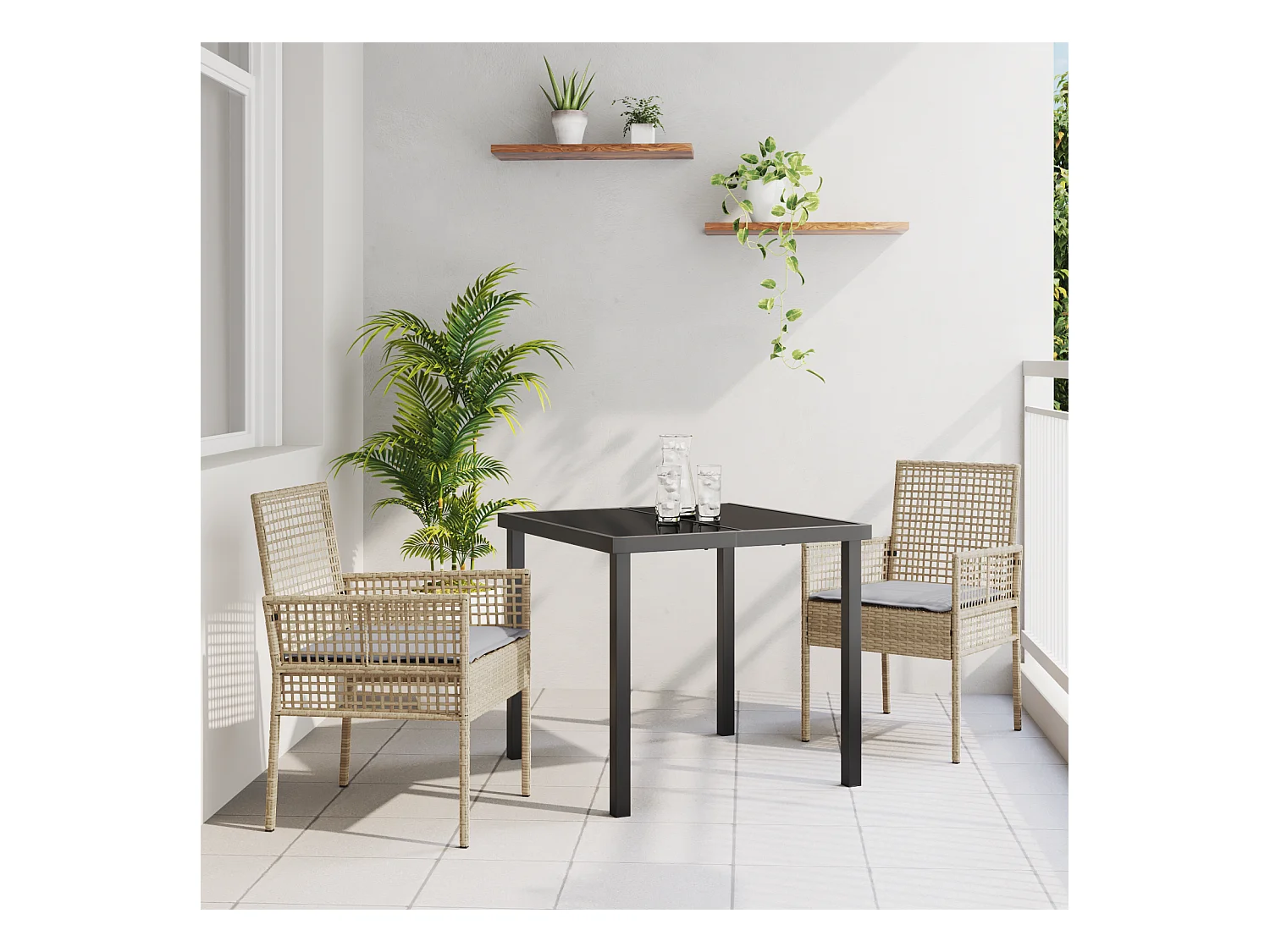 Set da pranzo da giardino 3 pezzi con cuscini in polyrattan beige