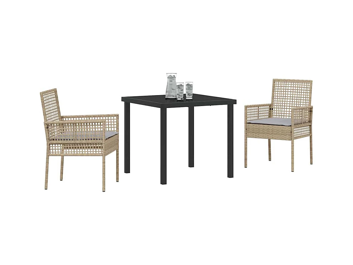 Set da pranzo da giardino 3 pezzi con cuscini in polyrattan beige