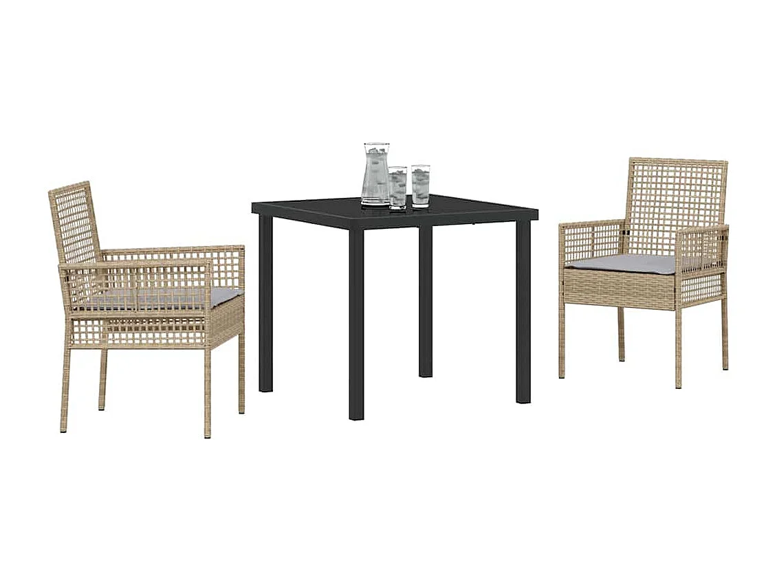 Ensemble de salle à manger de jardin 3 pièces avec coussins en rattan poly beige