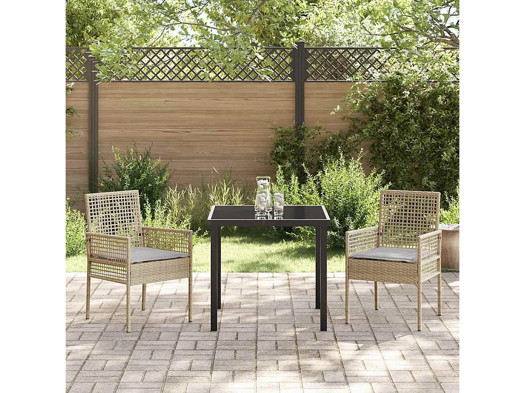 Ensemble de salle à manger de jardin 3 pièces avec coussins en rattan poly beige