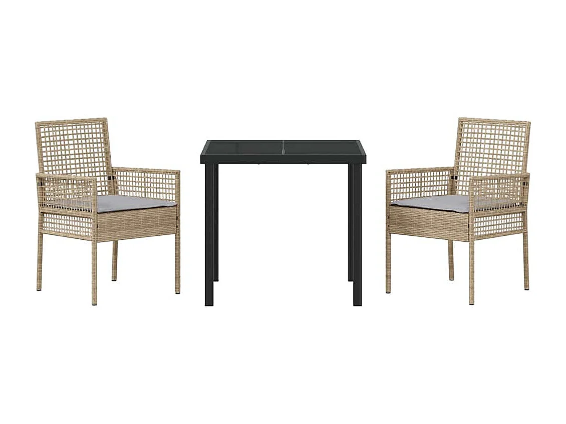 Ensemble de salle à manger de jardin 3 pièces avec coussins en rattan poly beige