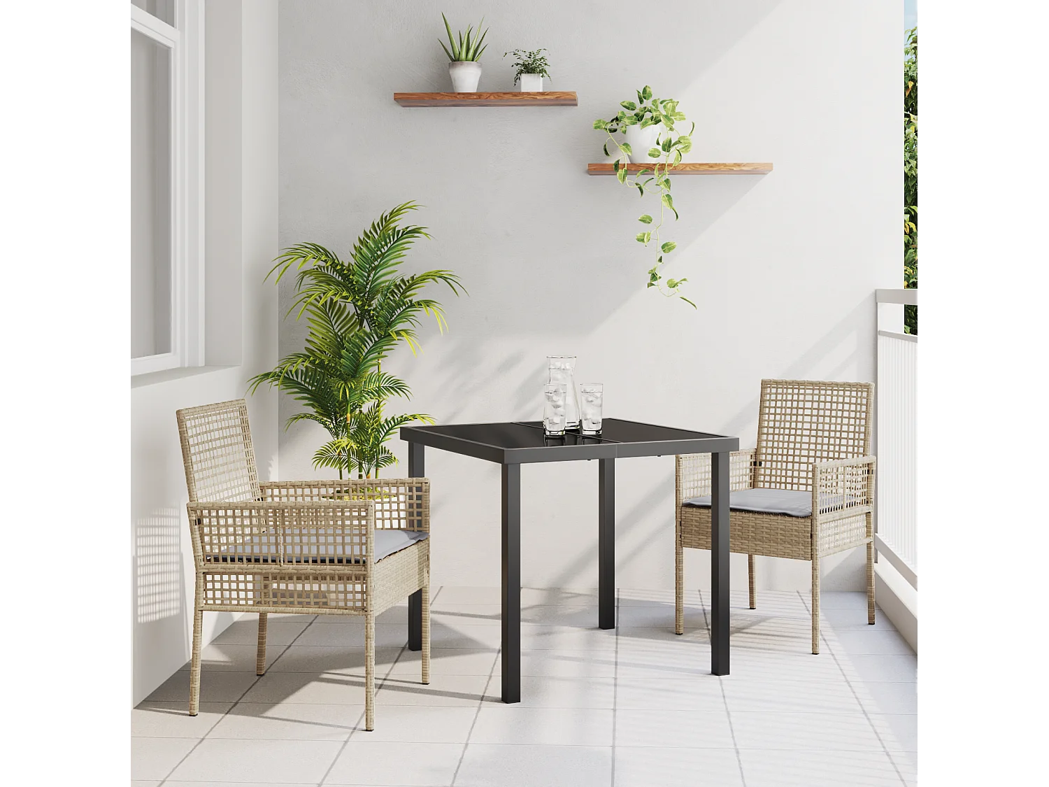 Ensemble de salle à manger de jardin 3 pièces avec coussins en rattan poly beige