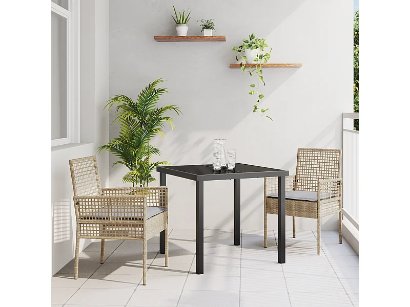 Ensemble de salle à manger de jardin 3 pièces avec coussins en rattan poly beige