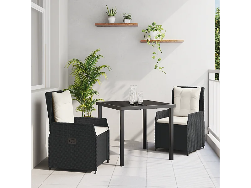Set da pranzo da giardino in polyrattan nero, 3 pezzi