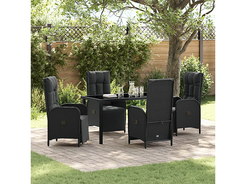 Set da pranzo da giardino 5 pezzi con cuscini in rattan sintetico nero