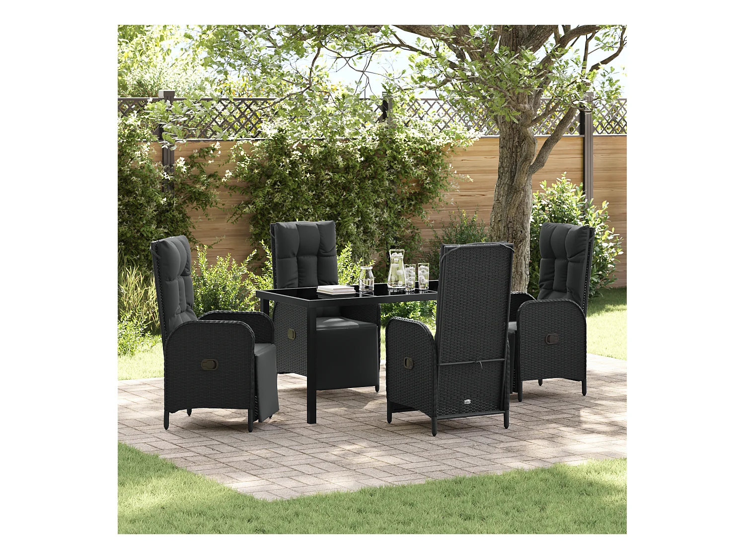 Set da pranzo da giardino 5 pezzi con cuscini in rattan sintetico nero