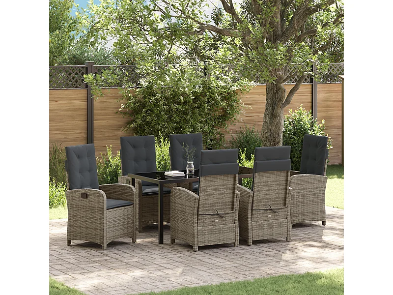 Set da pranzo da giardino da 7 pezzi con cuscini in rattan grigio