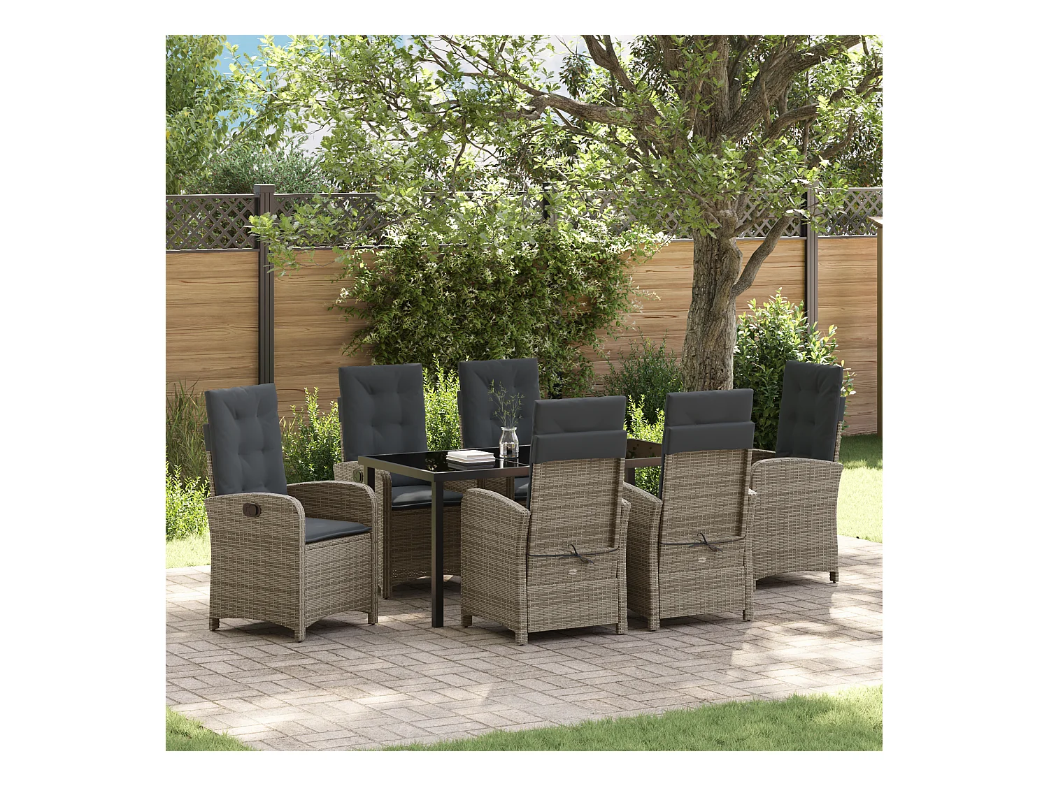 Ensemble de repas de jardin 7 pièces avec coussins gris en rattan