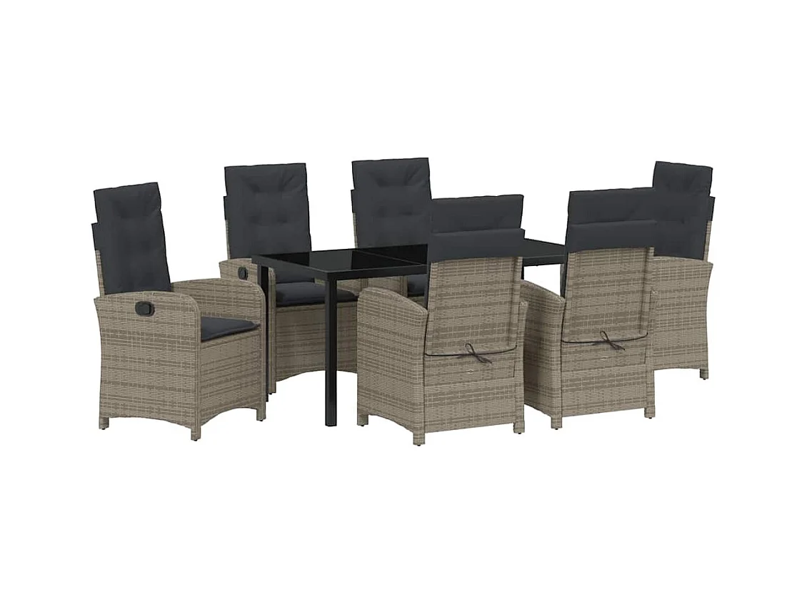 Ensemble de repas de jardin 7 pièces avec coussins gris en rattan