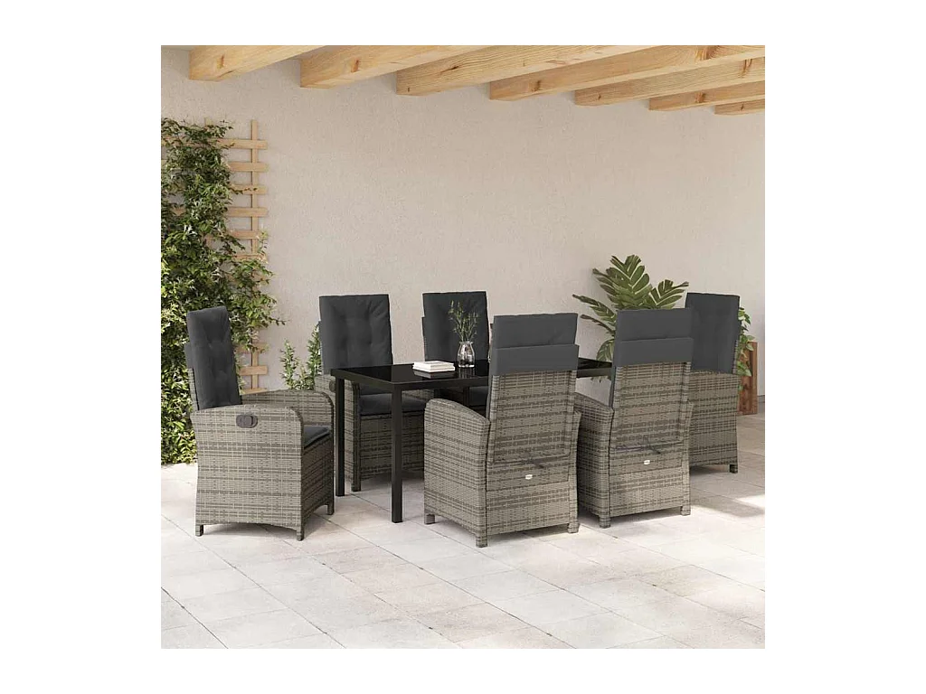 Ensemble de repas de jardin 7 pièces avec coussins gris en rattan