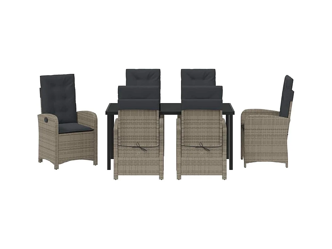 Ensemble de repas de jardin 7 pièces avec coussins gris en rattan