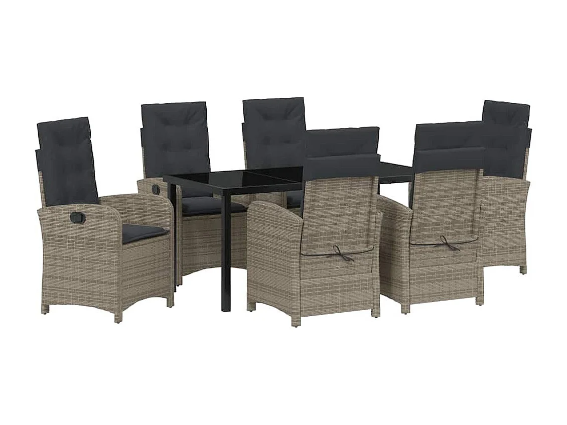 Ensemble de repas de jardin 7 pièces avec coussins gris en rattan