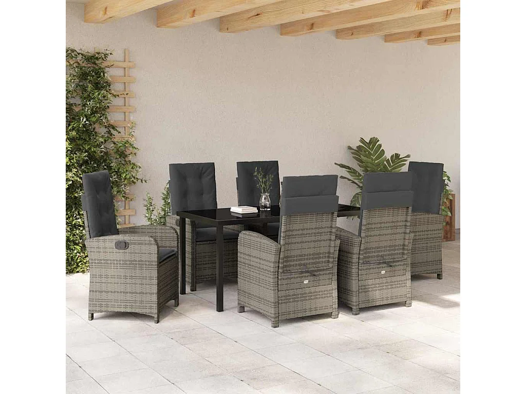 Ensemble de repas de jardin 7 pièces avec coussins gris en rattan
