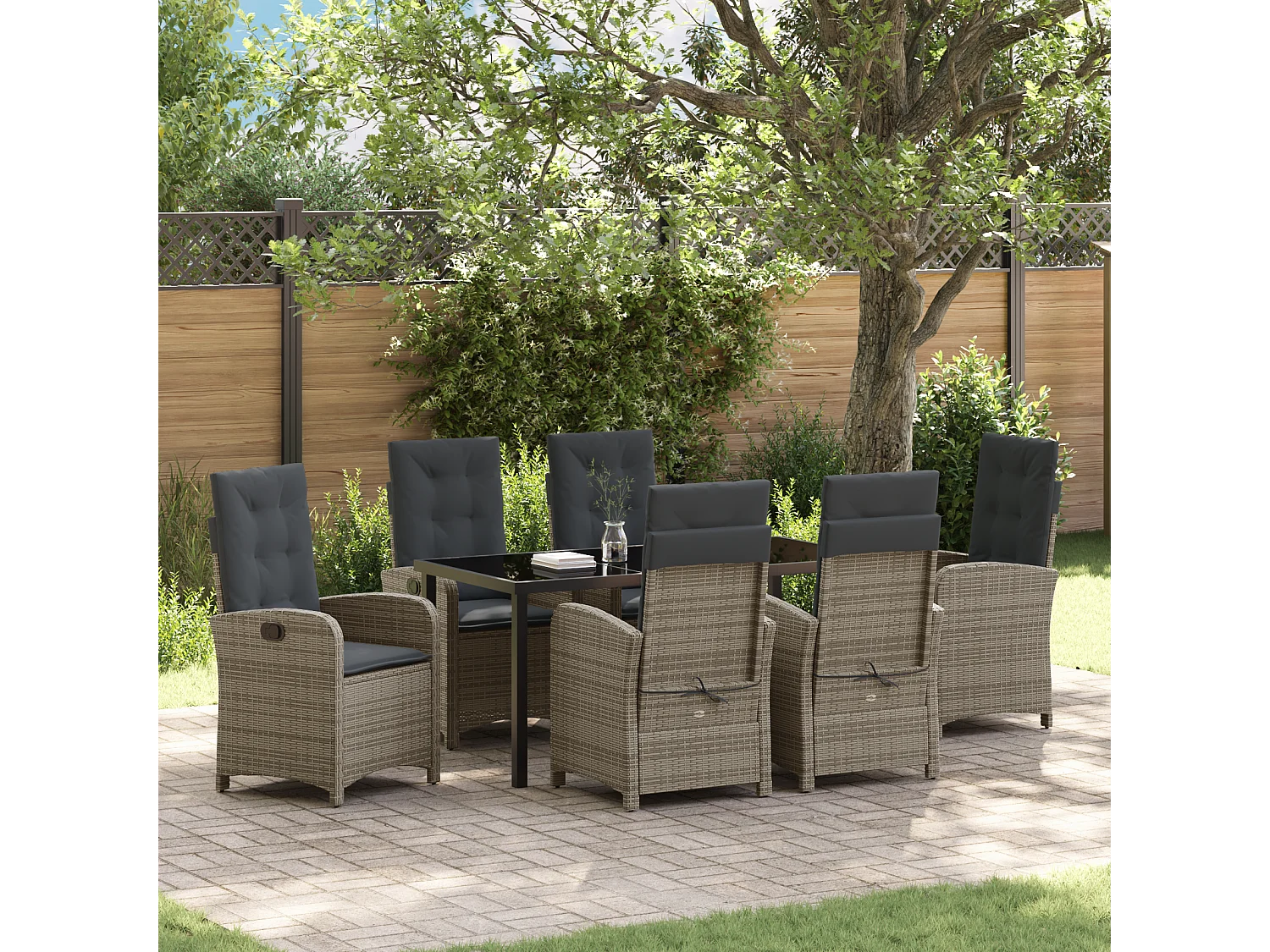 Ensemble de repas de jardin 7 pièces avec coussins gris en rattan