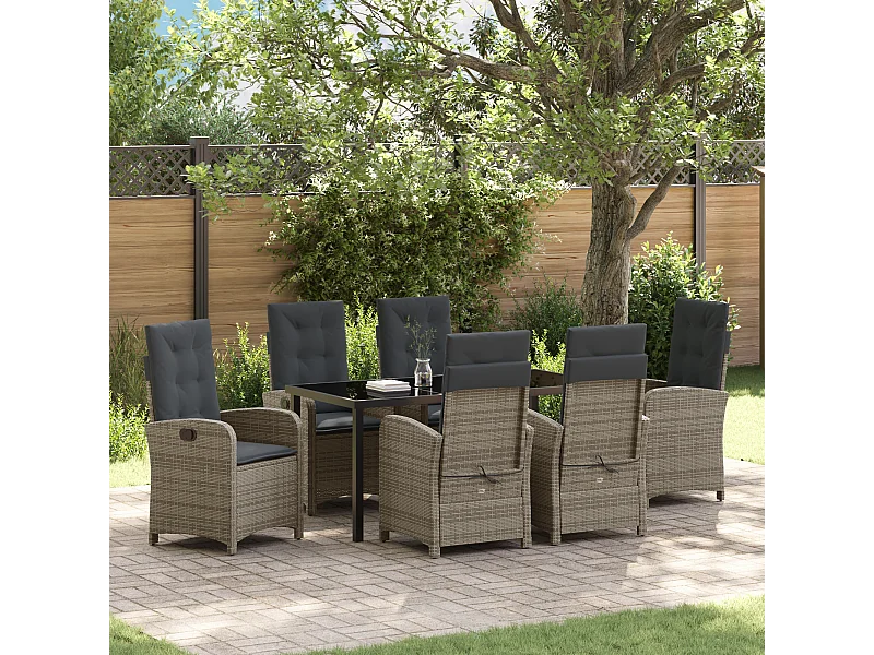 Ensemble de repas de jardin 7 pièces avec coussins gris en rattan