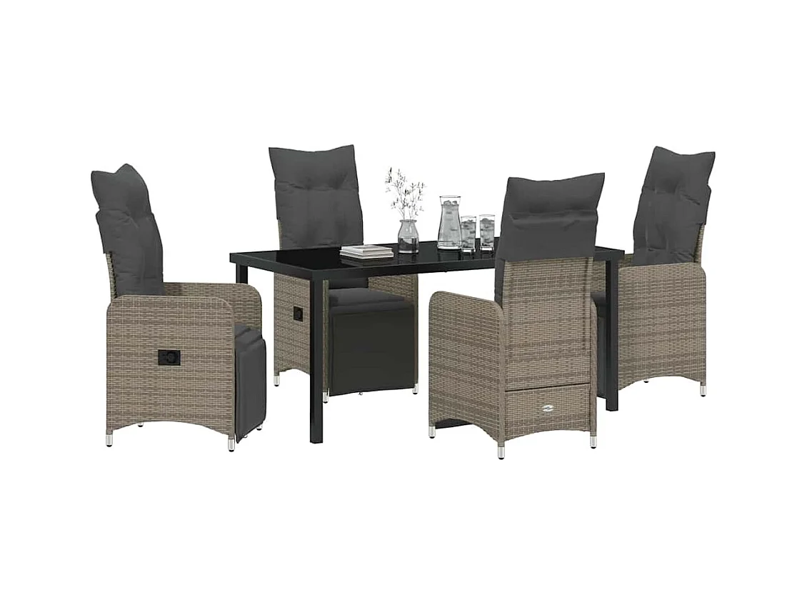 Set de dîner de jardin 5 pièces avec coussins Gris Rotin Poly