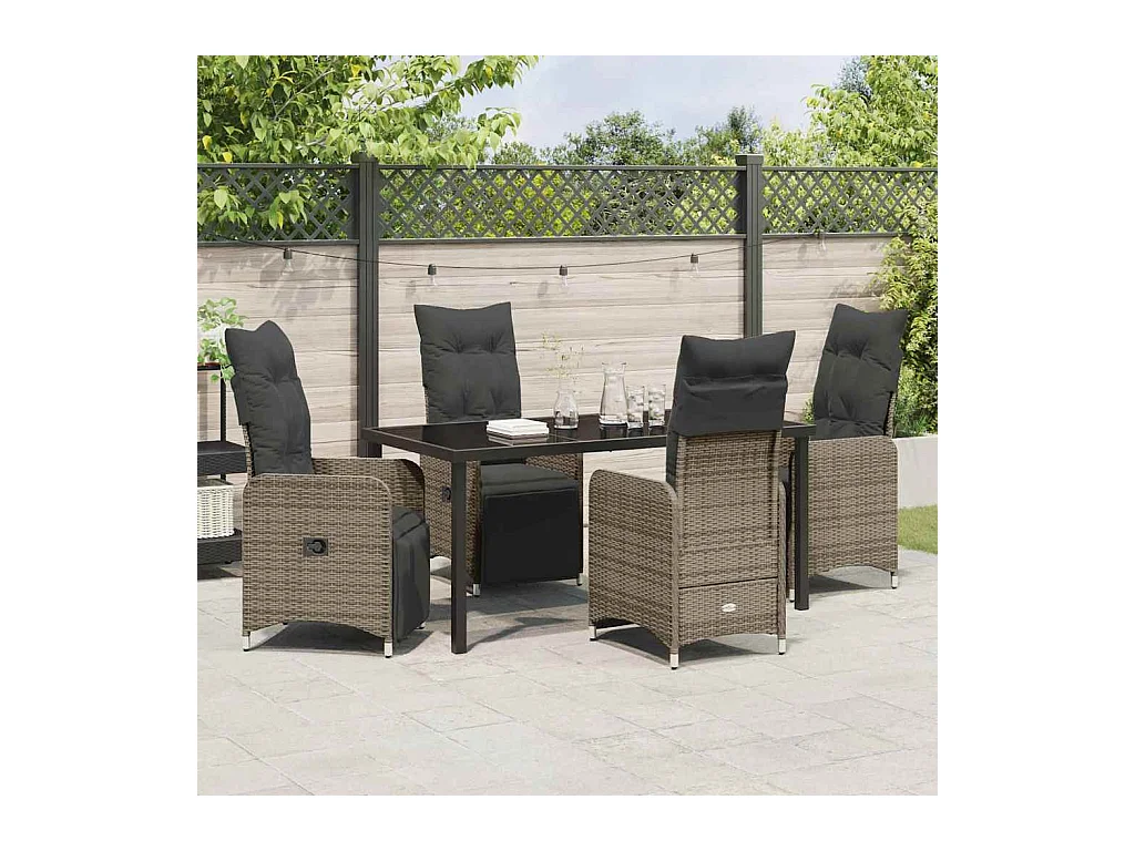 Set de dîner de jardin 5 pièces avec coussins Gris Rotin Poly
