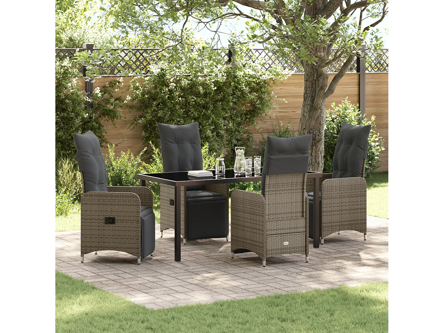 Set da pranzo da giardino 5 pezzi con cuscini in polyrattan grigio
