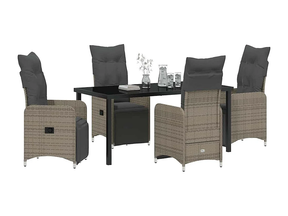 Set da pranzo da giardino 5 pezzi con cuscini in polyrattan grigio