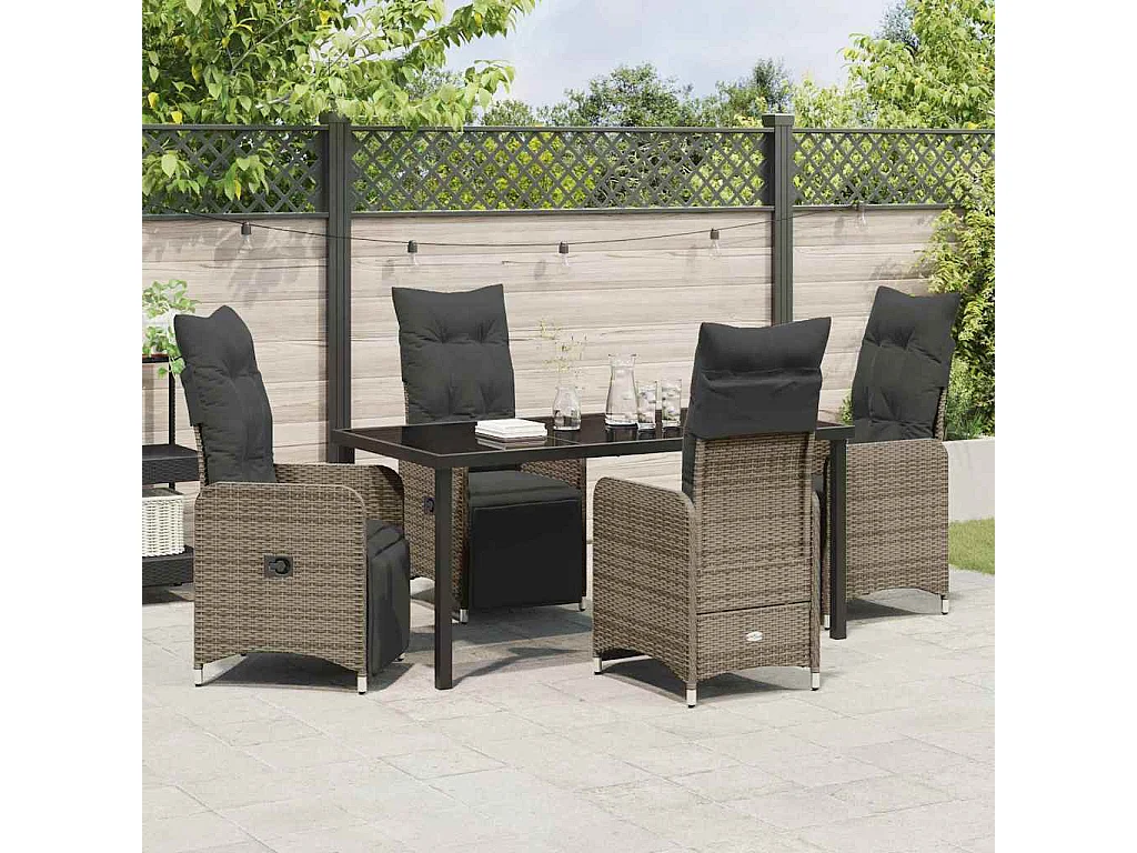 Set de dîner de jardin 5 pièces avec coussins Gris Rotin Poly