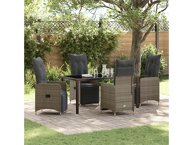 Set da pranzo da giardino 5 pezzi con cuscini in polyrattan grigio