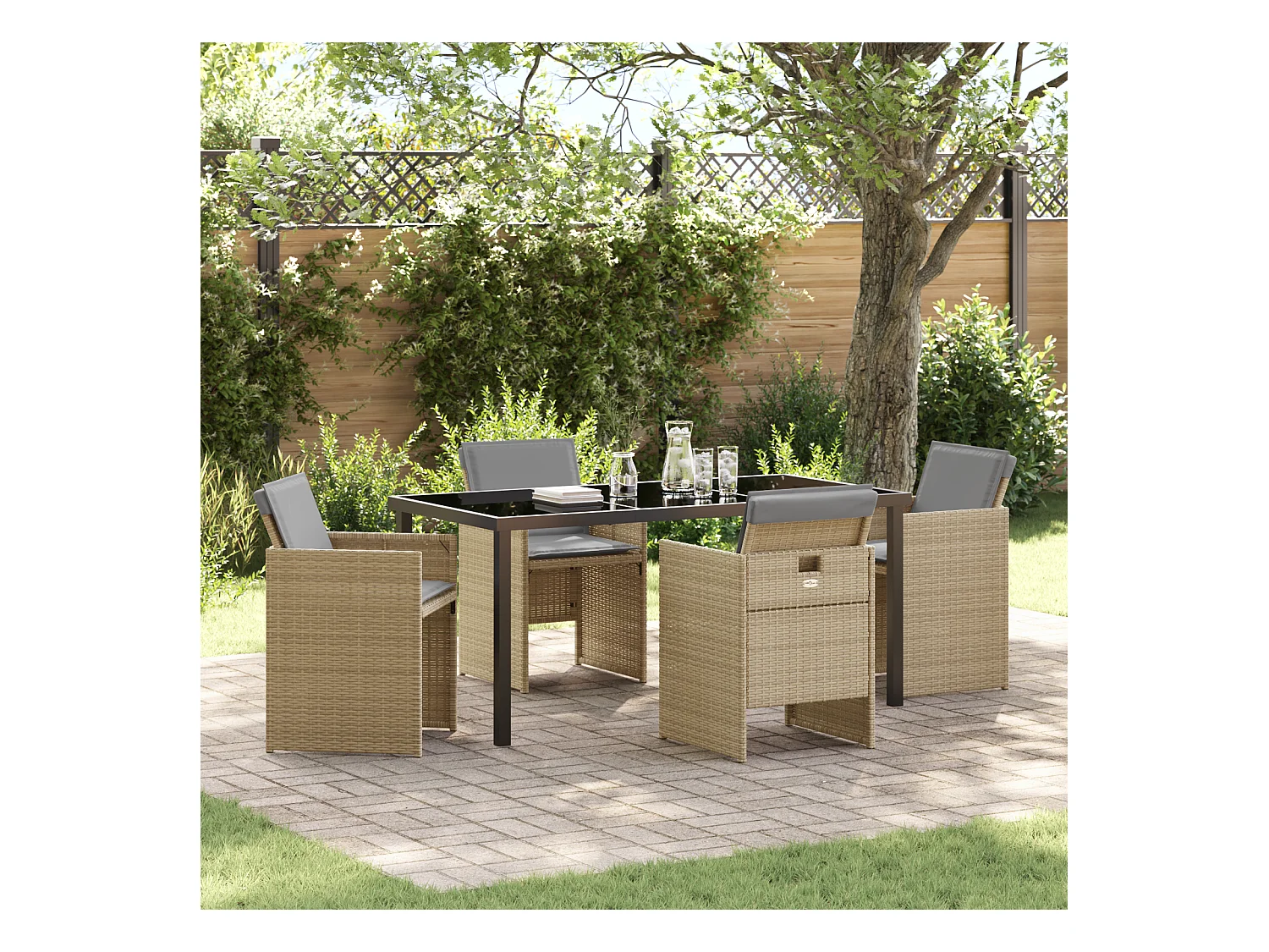 Ensemble de salle à manger de jardin 5 pièces avec coussins en rattan PE beige