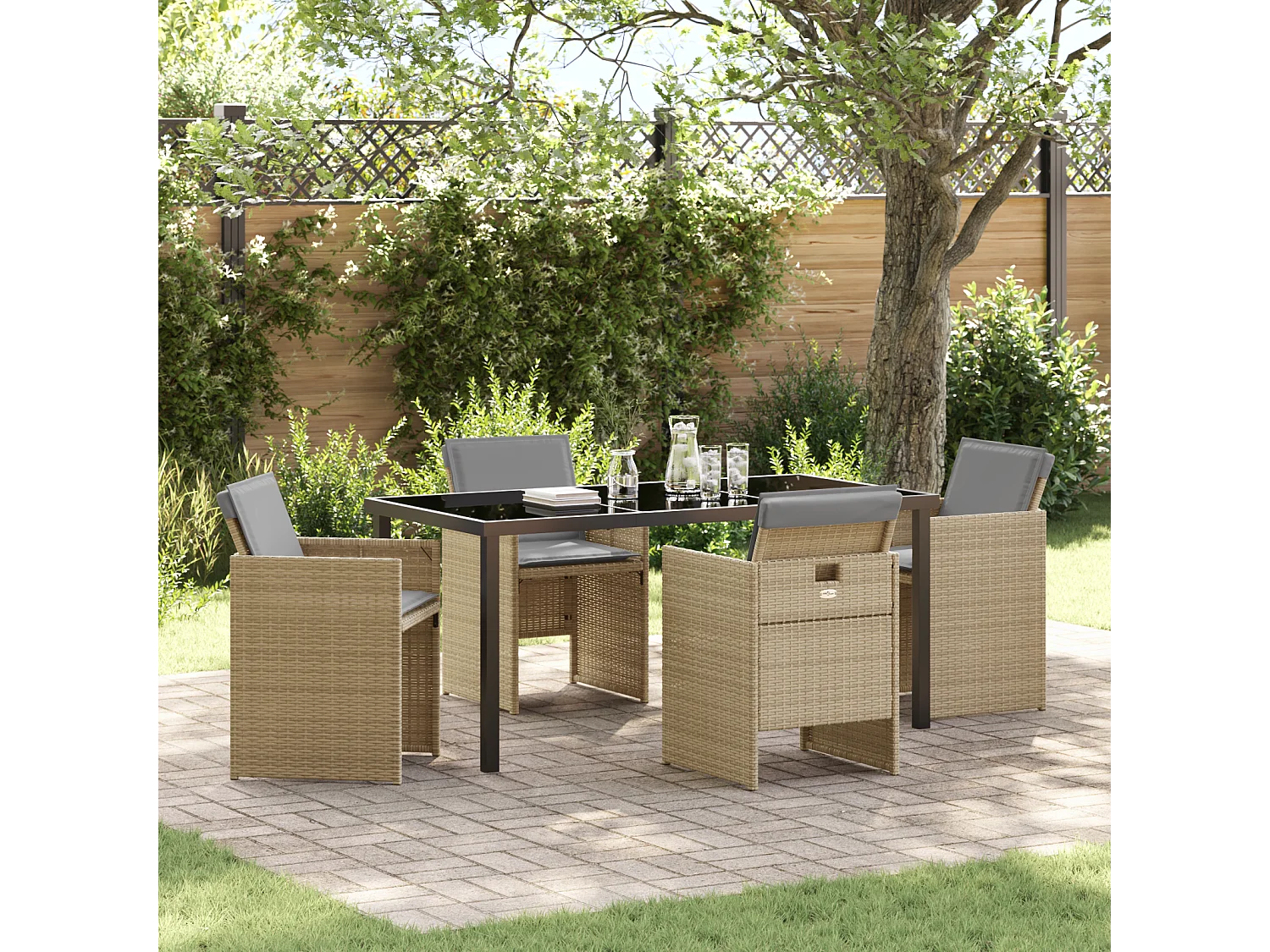 Set da pranzo da giardino 5 pezzi con cuscini in rattan PE beige