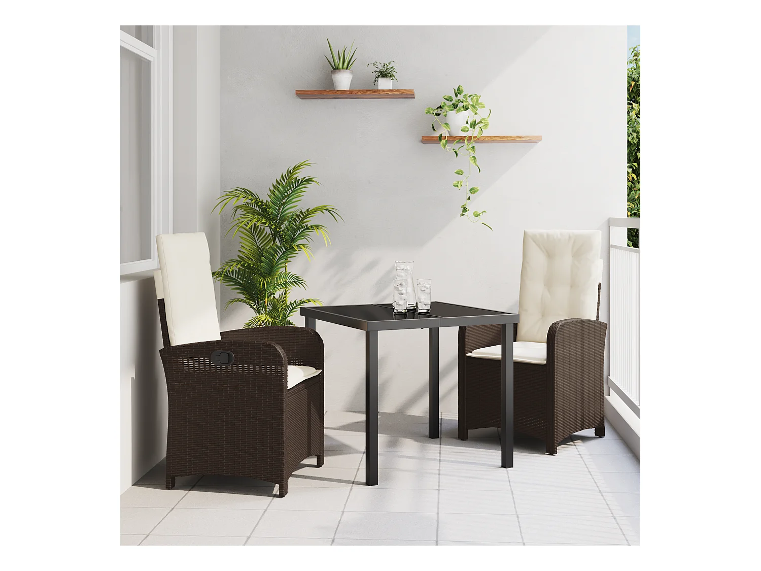 Ensemble de salle à manger de jardin de 3 pièces avec coussins - Rattan poly marron
