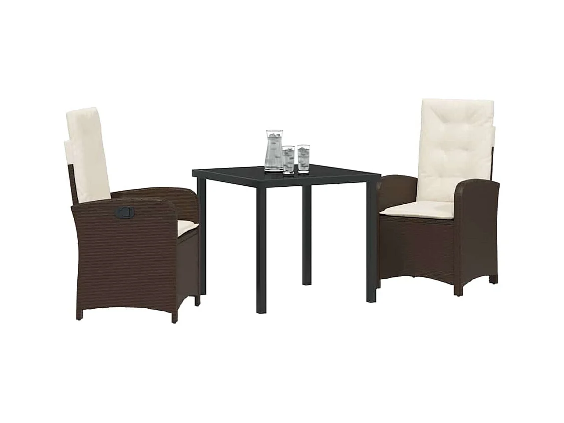 Ensemble de salle à manger de jardin de 3 pièces avec coussins - Rattan poly marron
