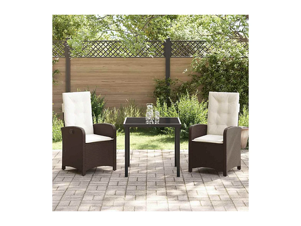 Ensemble de salle à manger de jardin de 3 pièces avec coussins - Rattan poly marron