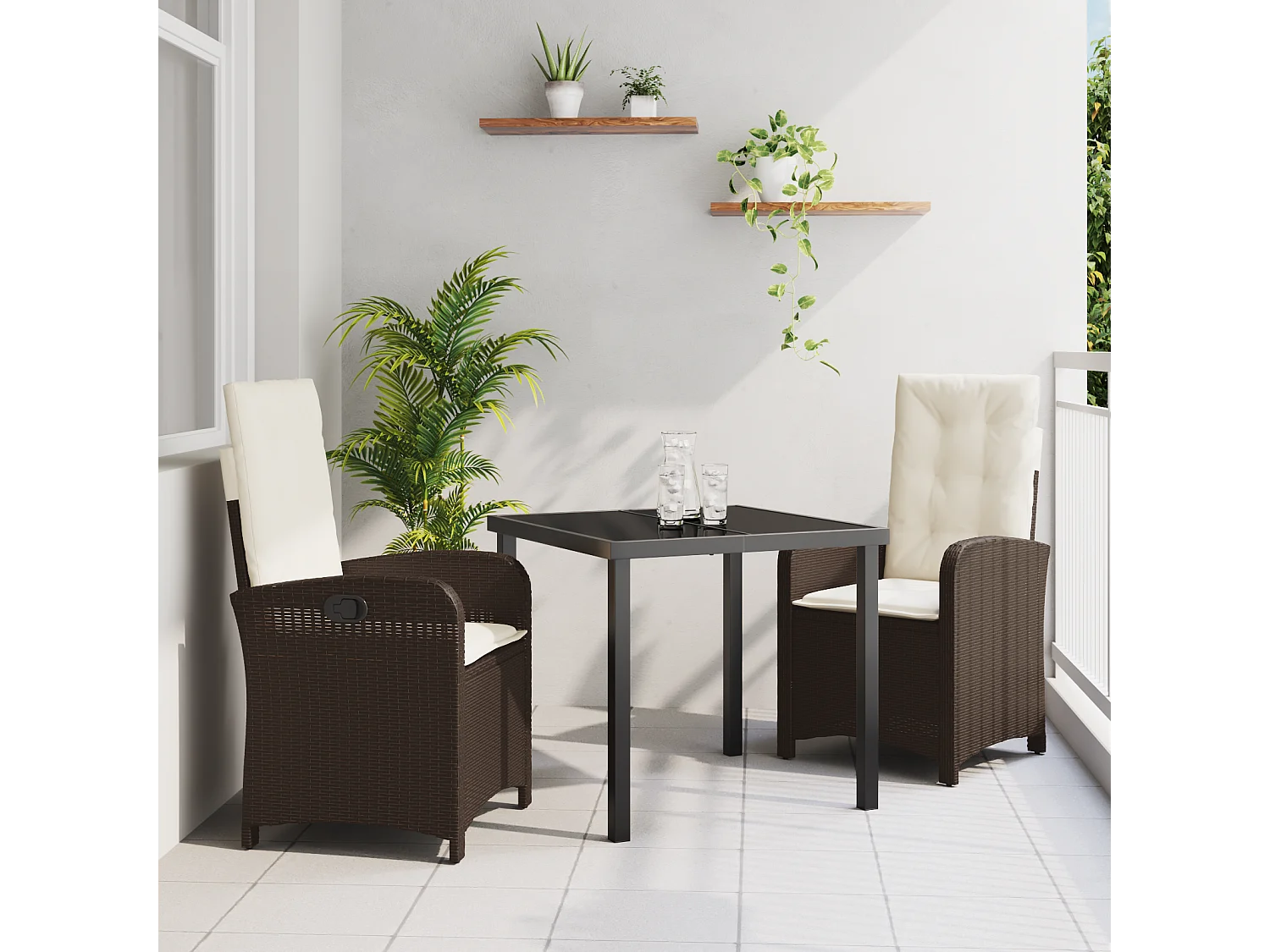 Ensemble de salle à manger de jardin de 3 pièces avec coussins - Rattan poly marron