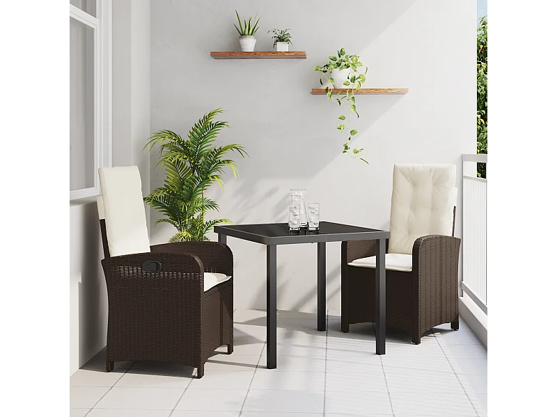 Ensemble de salle à manger de jardin de 3 pièces avec coussins - Rattan poly marron