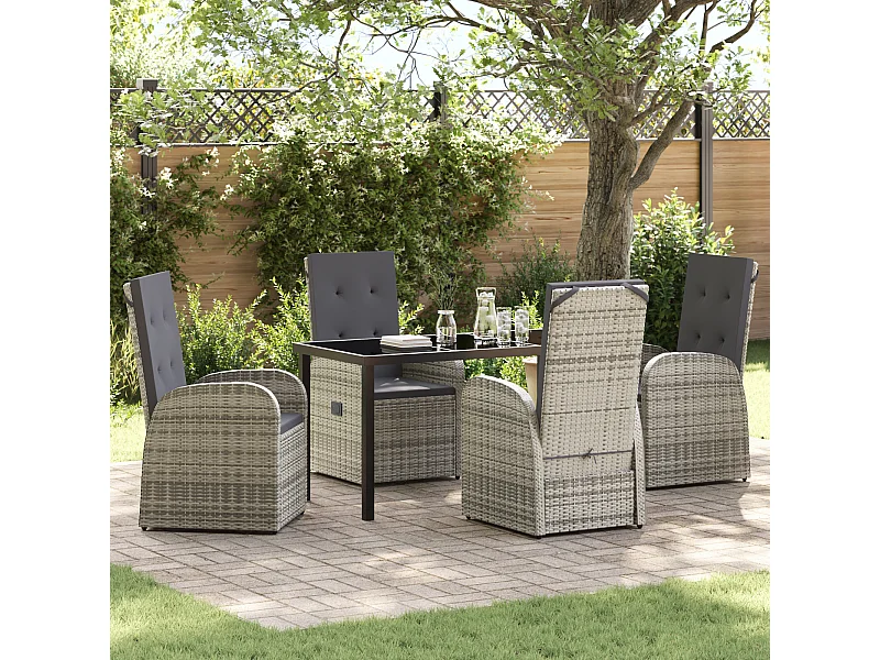 5-delige tuinset met kussens van grijs polyrotan