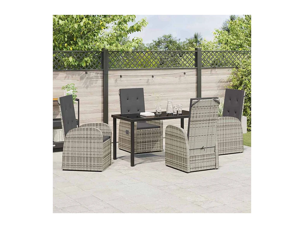 Ensemble de salle à manger de jardin 5 pièces avec coussins en Poly Rattan gris