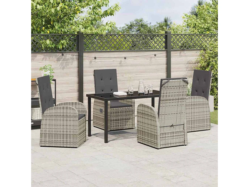5-teiliges Garten-Essset mit Kissen aus grauem Polyrattan