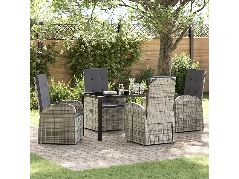 Ensemble de salle à manger de jardin 5 pièces avec coussins en Poly Rattan gris