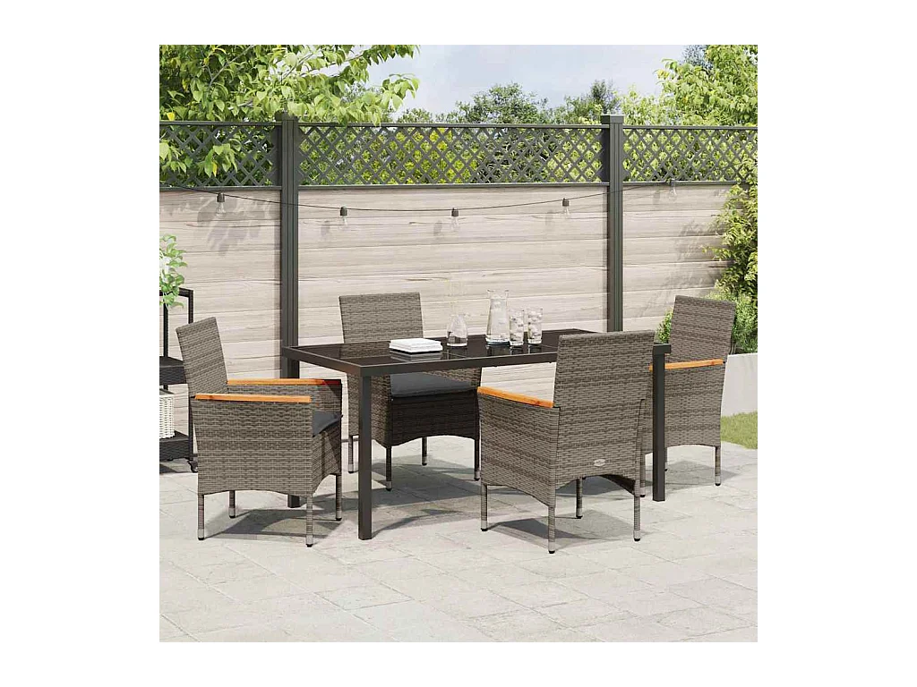 Set da pranzo da giardino 5 pezzi con cuscini in polyrattan grigio