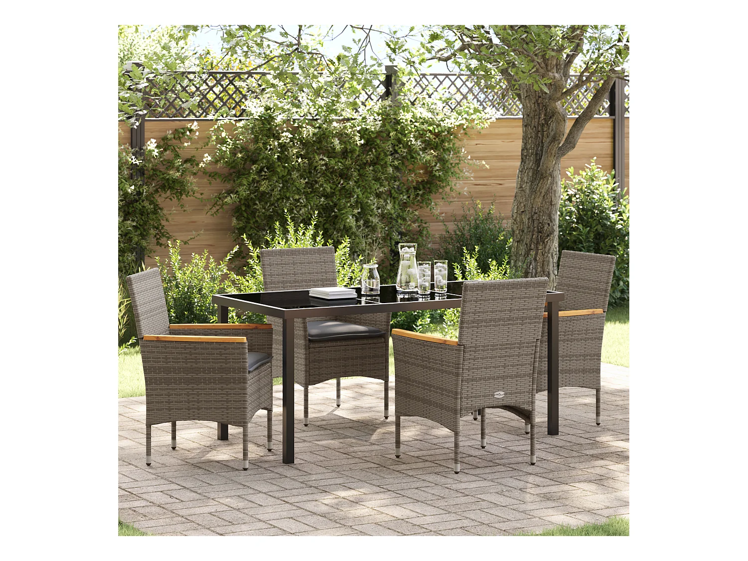 Juego de comedor de jardín de 5 piezas con cojines de ratán sintético gris