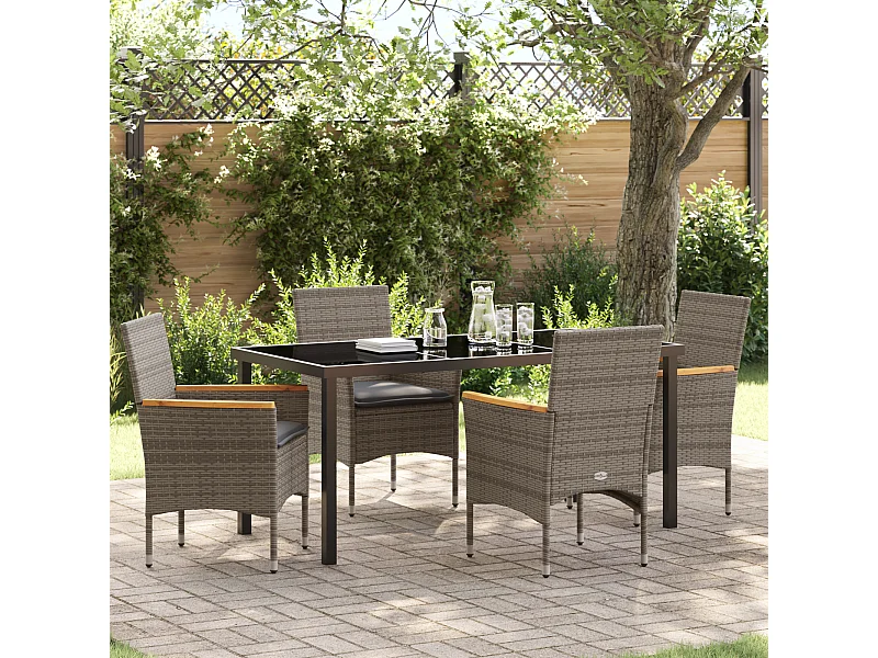 Set da pranzo da giardino 5 pezzi con cuscini in polyrattan grigio