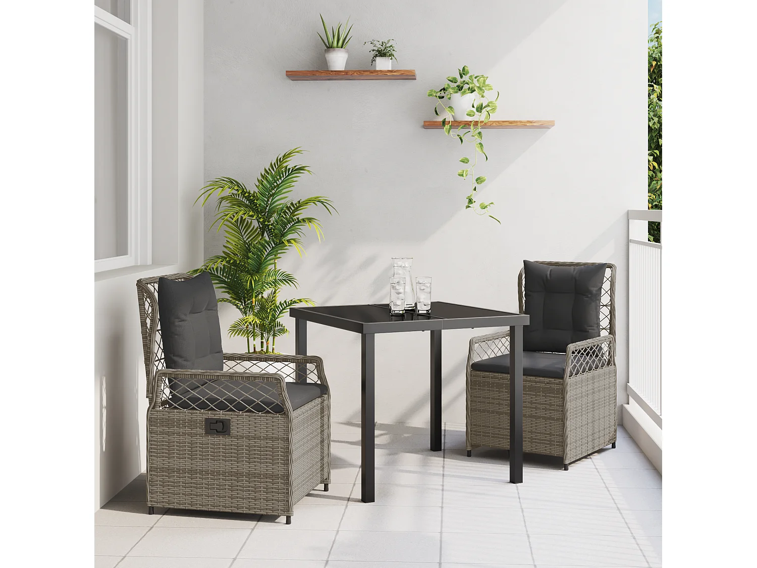 Ensemble de repas de jardin 3 pièces gris poly rattan