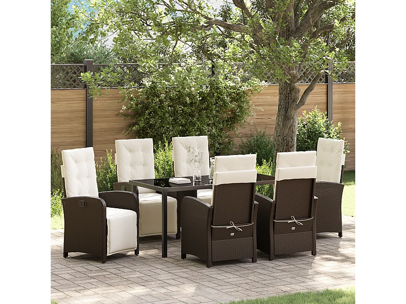 Set da pranzo da giardino da 7 pezzi con cuscini in polyrattan marrone
