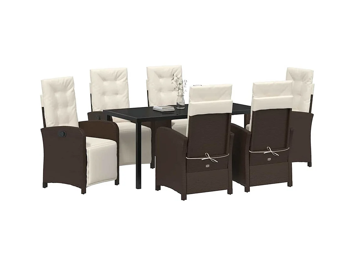 Set da pranzo da giardino da 7 pezzi con cuscini in polyrattan marrone
