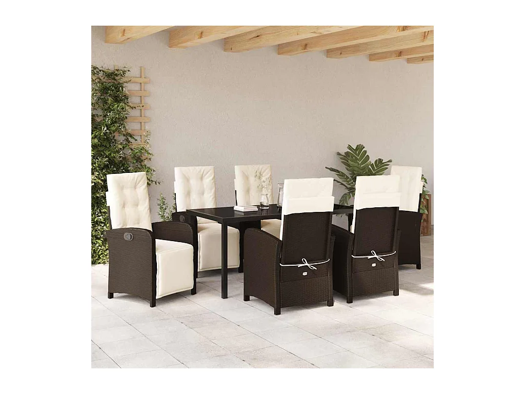 Set da pranzo da giardino da 7 pezzi con cuscini in polyrattan marrone