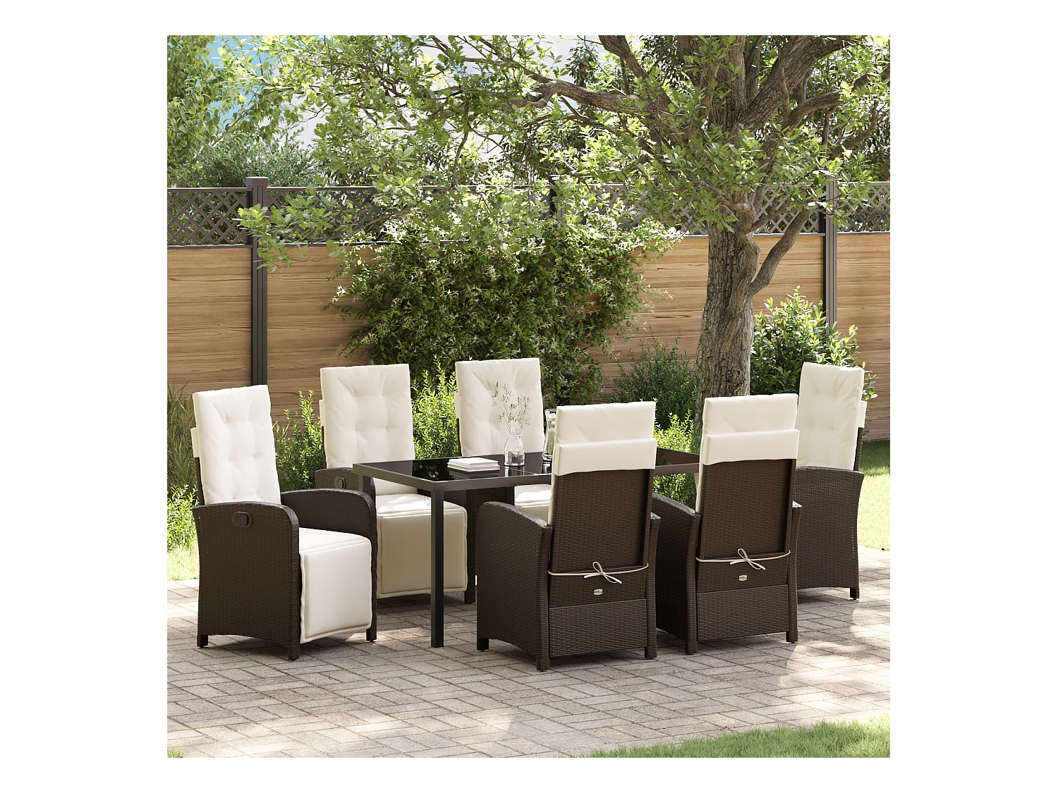 7-teiliges Garten-Essset mit braunen Polyrattan-Kissen